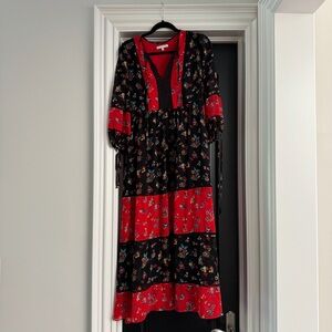 REBECCA MINKOFF | Red & Black Eyelet Lace Maxi Dress